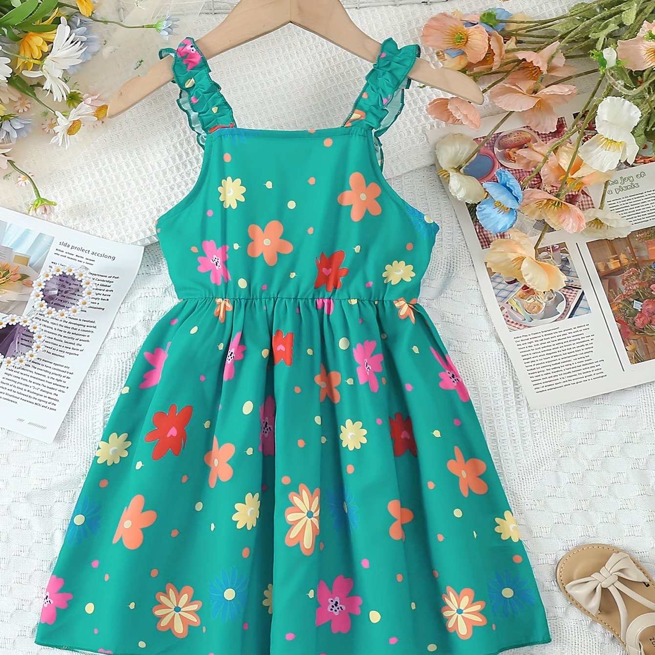 Chic Summer Floral Girls' Dress - Comfortable, Woven Fabric with Ruffle Detail & Playful Suspender Straps