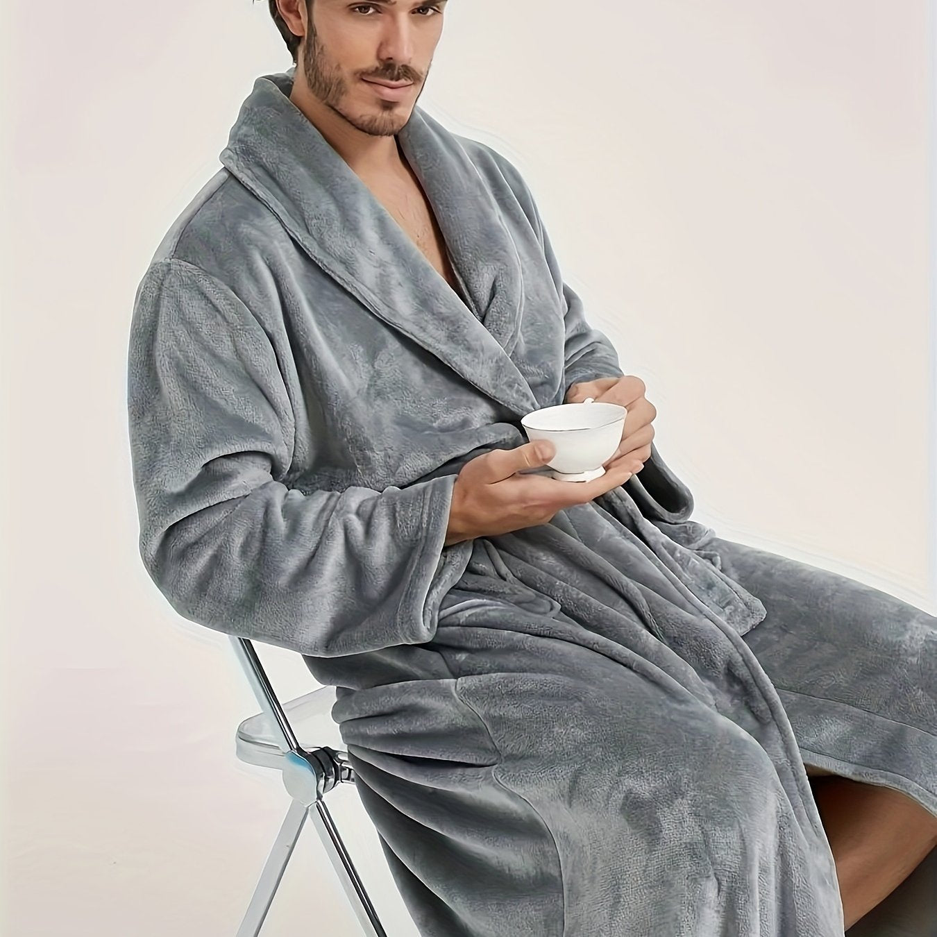 Super- Stylish Men's Flannel V-neck Loose Robe, Soft Fleece Elegant Long Sleeve Lounge Wear, For Autumn/Winter