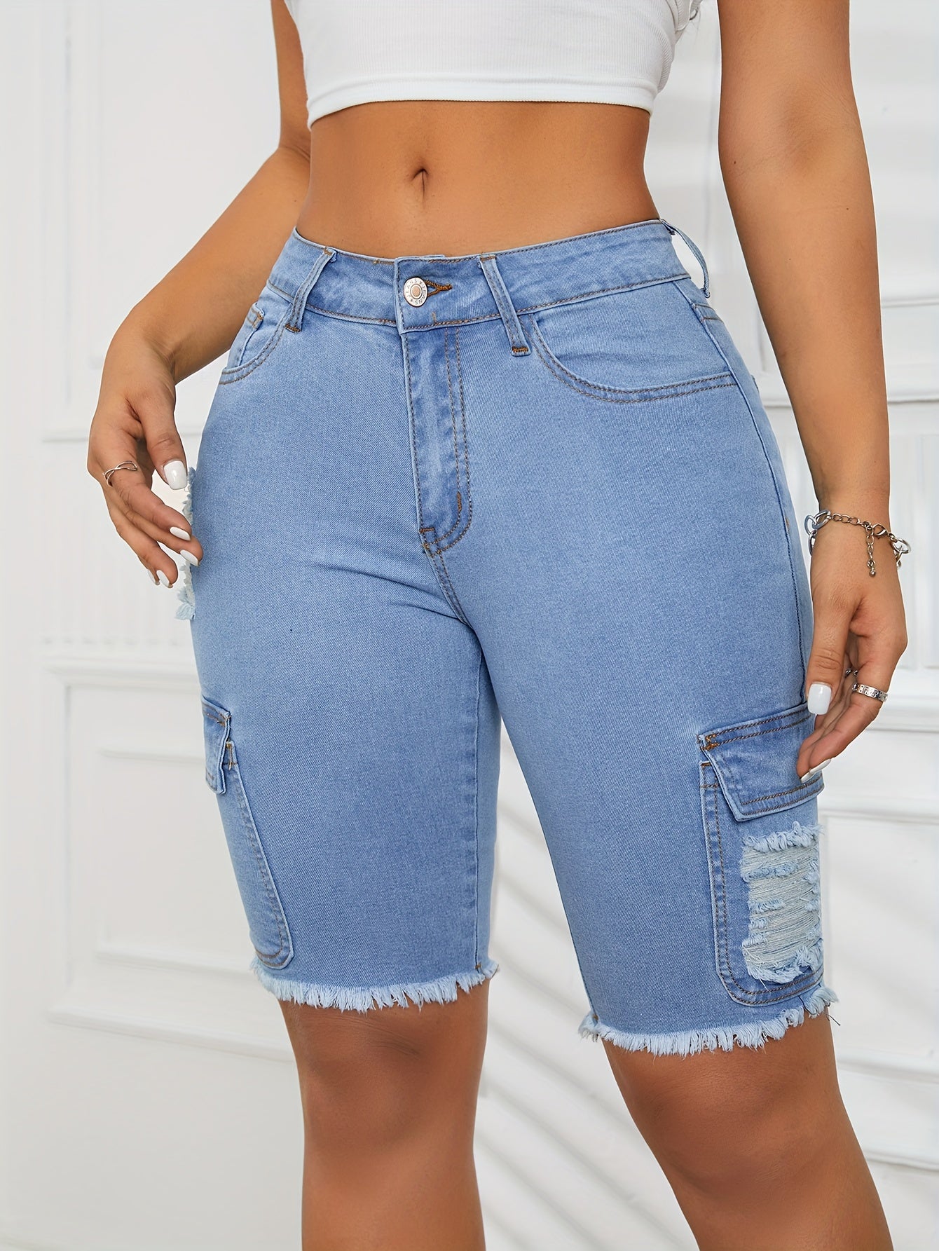 ZllKl Ripped Side Flap Pocket Cargo Denim Shorts, Raw Hem Distressed Plain Washed Blue High Rise Bermuda Denim Shorts, Women's Denim Jeans & Clothing