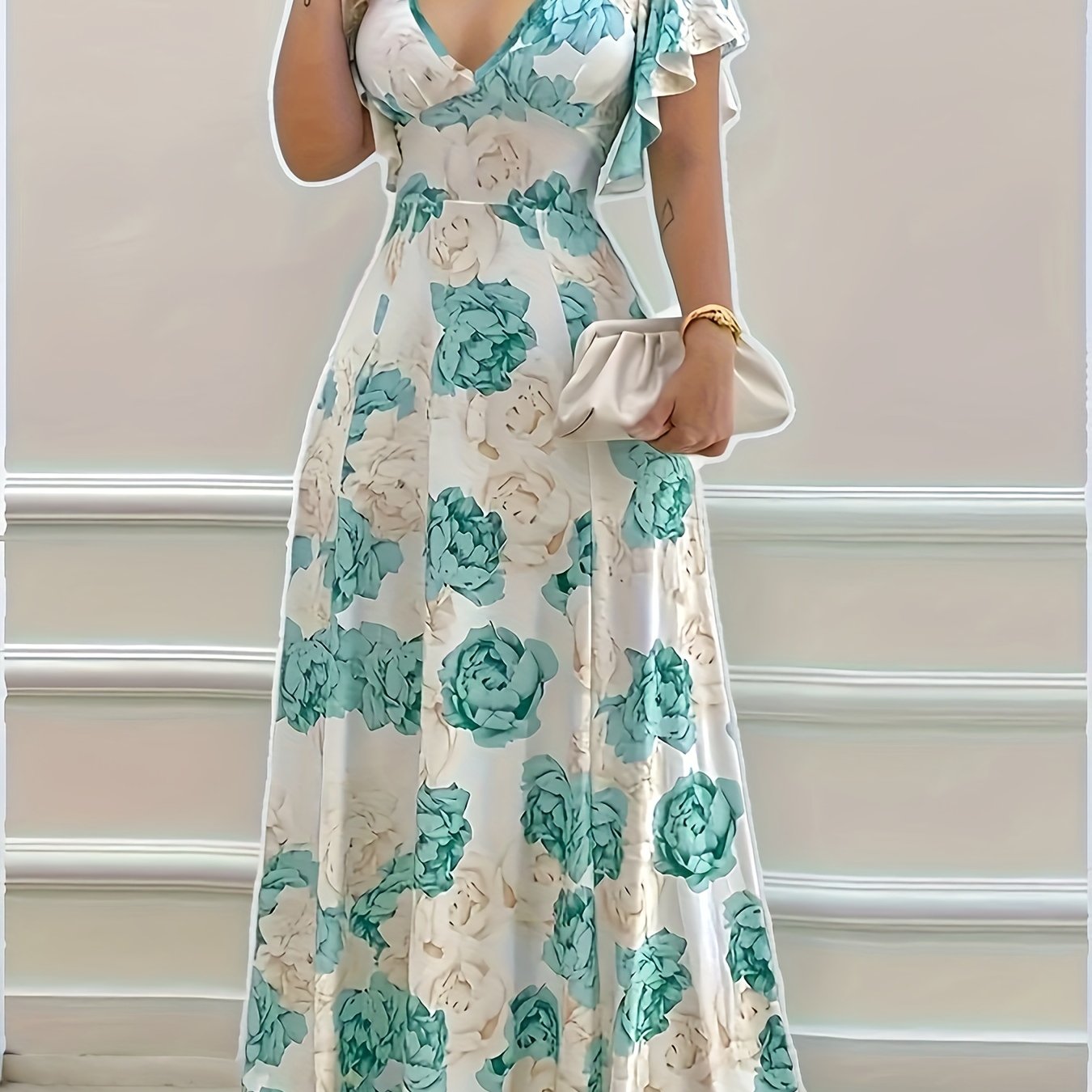 Plus Size Elegant Fit and Flare Floral Print Ruffle Sleeve V Neck Long Length Dress for Women - Soft Medium Stretch Polyester Fabric, Machine Washable, Perfect for Going Out in Spring and Summer