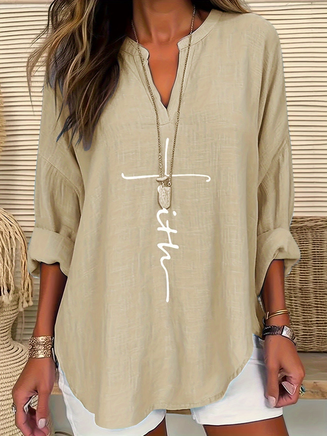 ZllKl Letter Print Notch Neck Blouse, Casual Long Sleeve Blouse For Spring & Fall, Women's Clothing