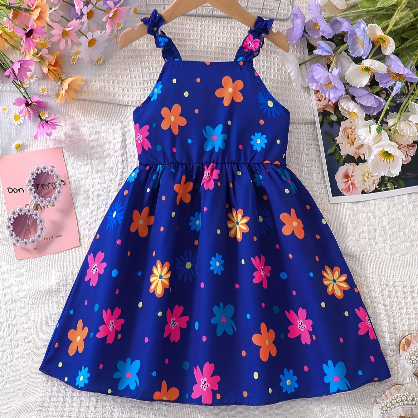 Chic Summer Floral Girls' Dress - Comfortable, Woven Fabric with Ruffle Detail & Playful Suspender Straps