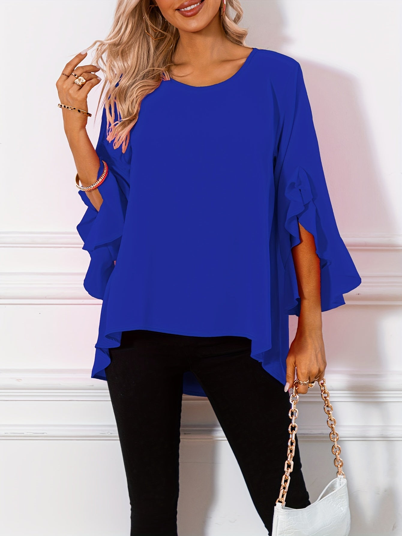 ZllKl Solid Crew Neck Blouse, Casual Ruffle Sleeve Blouse For Spring & Fall, Women's Clothing