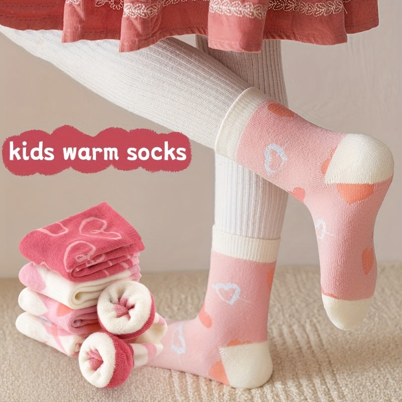 5 Pairs Girl's Children's Warm Hearts Pattern Crew Sock Moisture Wicking Comfy For Winter Outdoor Wearing