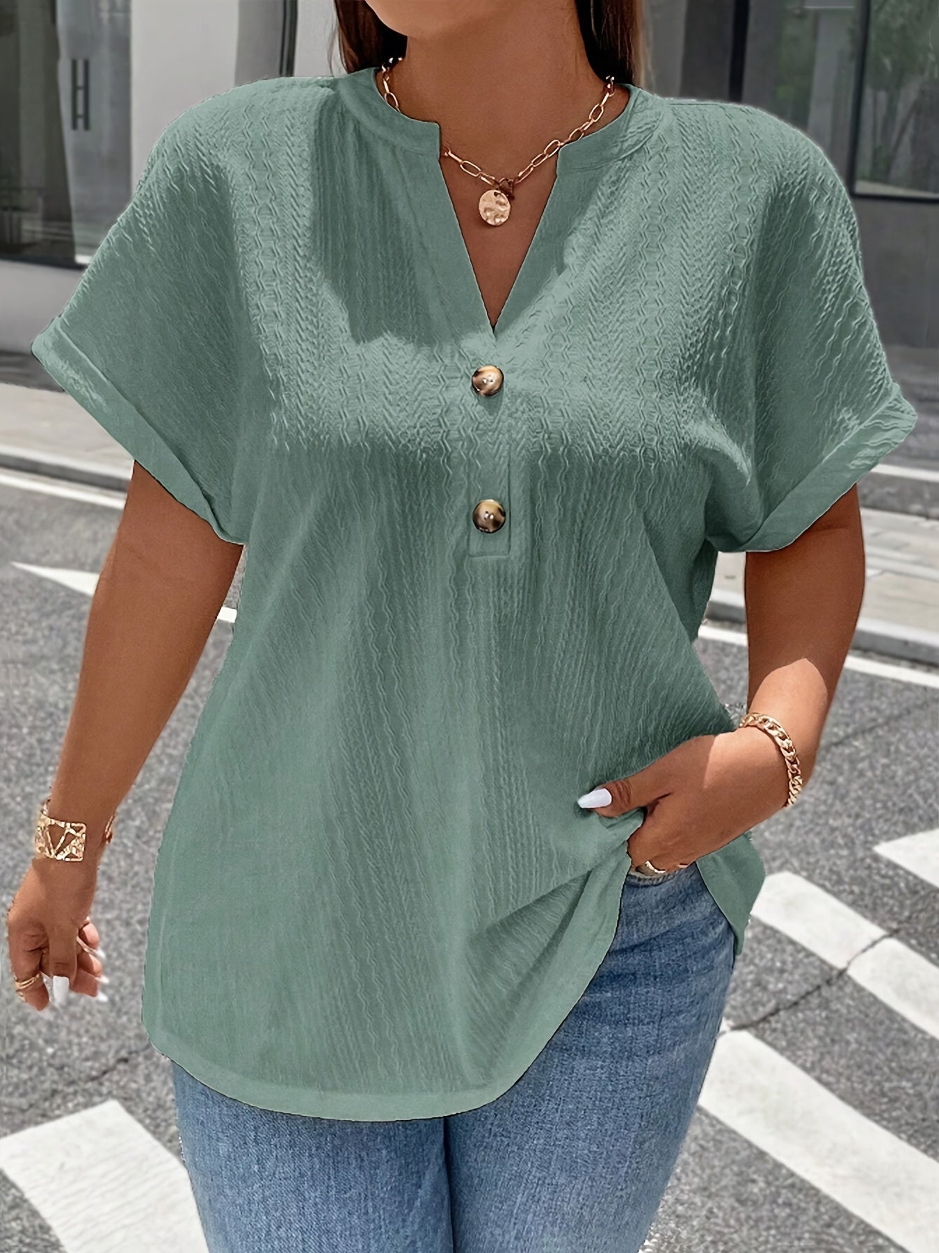 ZllKl Plus Size Simple Solid Blouse, Casual V Neck Short Sleeve Blouse For Spring & Summer, Women's Plus Size Clothing