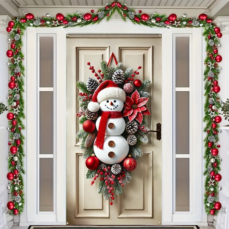 1pc Festive Christmas Wreath, 3D Snowman Door Hanging, Fabric Wall Decor, No Feather, Battery-Free, Outdoor Holiday Decoration for Home & Garden, 2025 New Year Front Door Decoration, Gift for Family & Friends