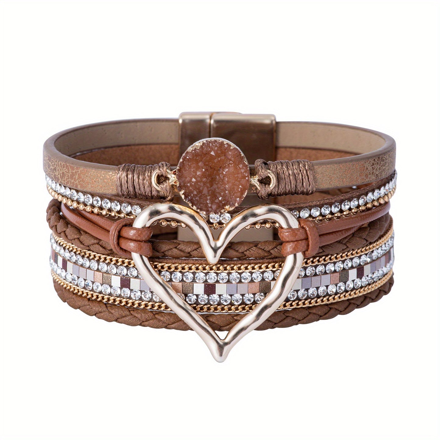 Trendy Bohemian Multilayer Bangle Bracelet - Handcrafted PU Leather with Golden Big Love Charm - Adjustable, Durable & Stylish - Perfect Boho Chic Accessory for Ladies
