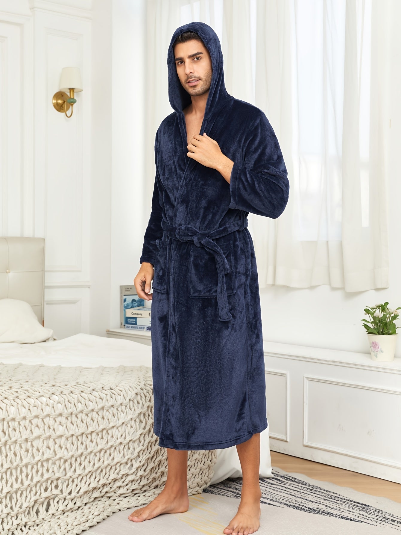 Mens Premium Flannel Bathrobe - Super Cozy Winter Wear, Hooded, Solid Color, Soft Fleece Lining, Double Pockets for Lounging Comfort