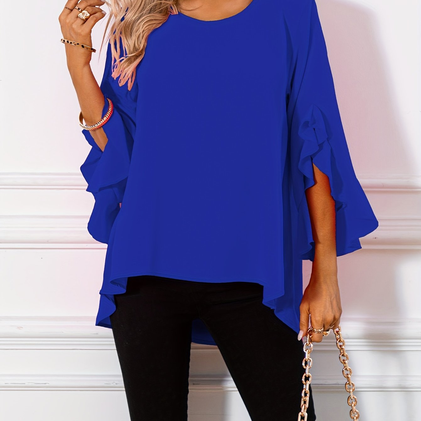 ZllKl Solid Crew Neck Blouse, Casual Ruffle Sleeve Blouse For Spring & Fall, Women's Clothing
