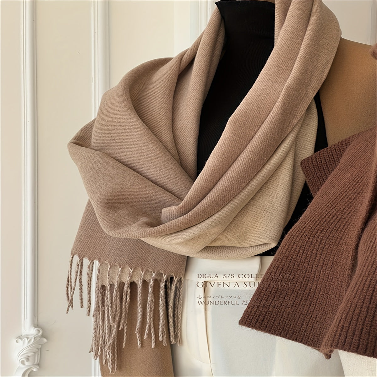 Double Sided Luxurious Color Block Scarf - Soft Cashmere Blend, Apricot and Coffee Color, Tassel Shawl, Windproof, Autumn Winter Warm, Versatile Unisex Accessory for Women and Men