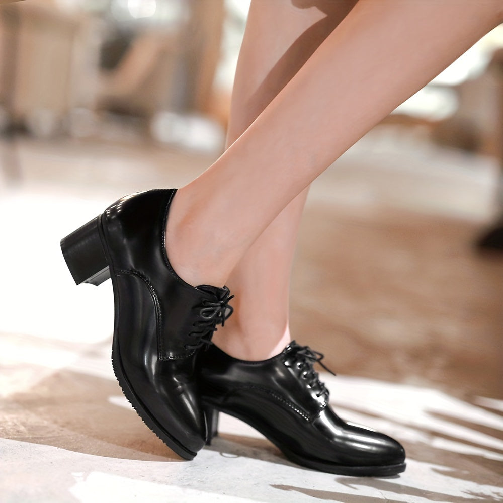 Stylish Womens Chunky Mid Heel Shoes - Pointed Toe, Lace Up, Faux Leather, Solid Color, Versatile Office Pumps for Fall Season