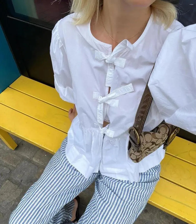 Women's Blouses Fashion Leopard Print Shirt For Women Chic O-neck Lace Up Cardigan Blouse Spring Puff Short Sleeve Lady Street Tops