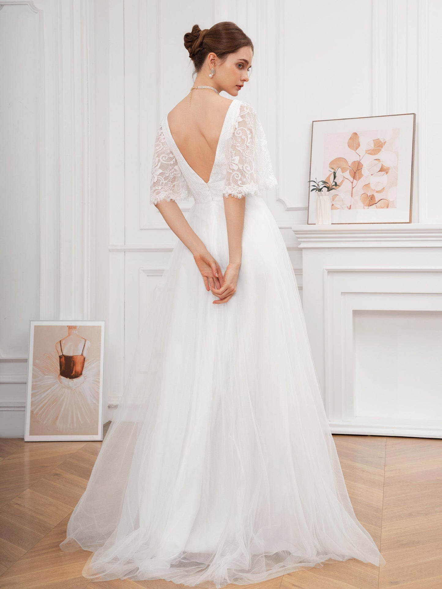 Long Lace Flutter Sleeve A-Line Wedding Dress - Elegant Deep V Neck, Contrast Lace, Half Sleeve, Floor Length, Woven, No Elasticity - Perfect for Adult Women