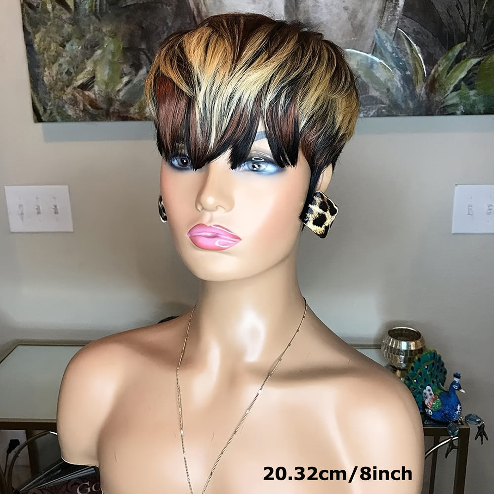 Pixie Cut Wig For Women Human Hair 1B/4/27 Short Wigs With Bangs Pixie HairCut Wig For Women Hair Replacement Wig None Lace Front Wig Layered Colored Full Machine Made Wig Glueless Short Wigs For Women 150%