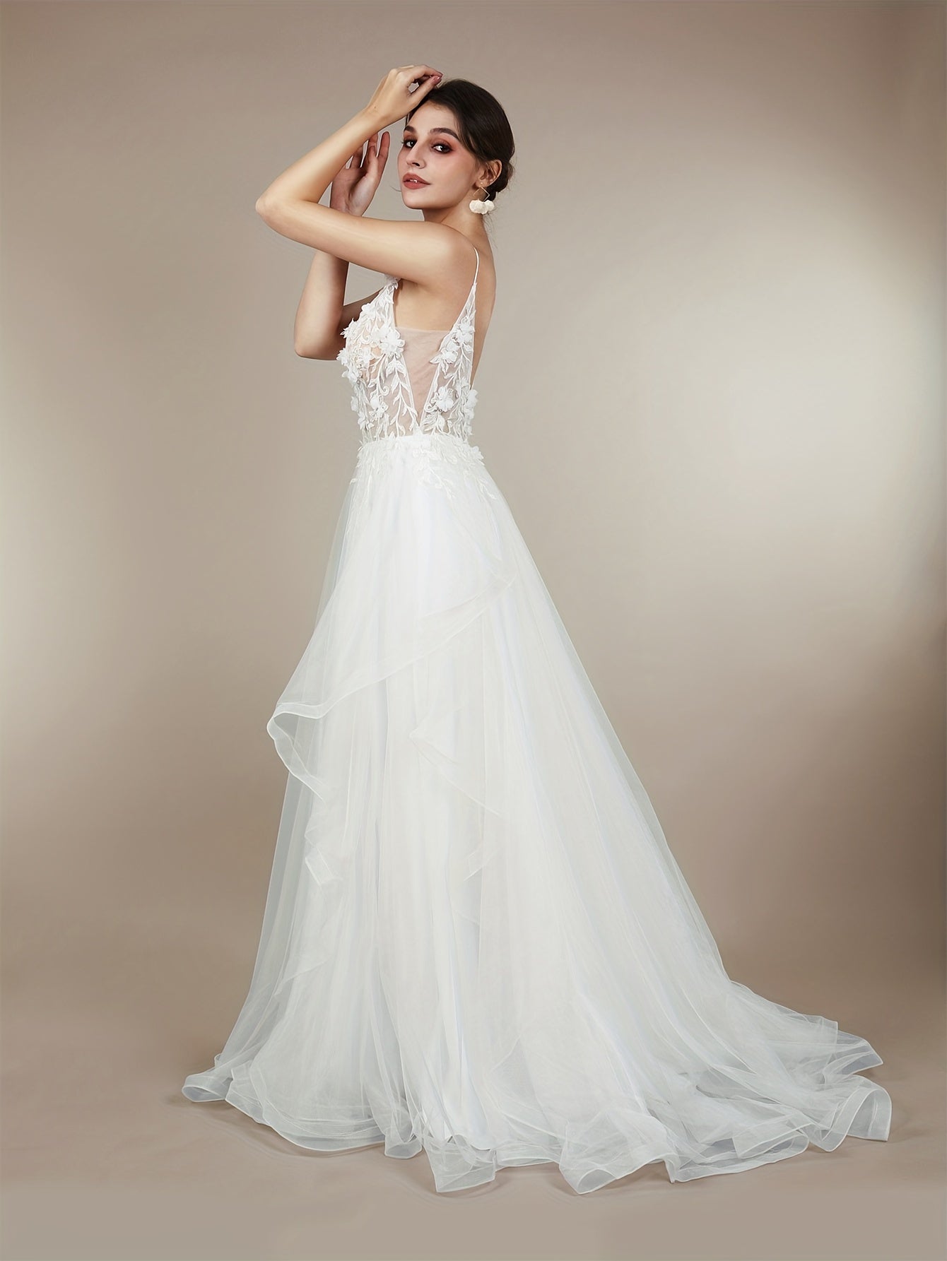 Long Elegant Embroidered Applique Cami Dress - Deep V Neck, Semi-Sheer, Micro Elasticity, Woven Polyester, Hand Wash Only - Perfect for Wedding, Occasion, Engagement, Ceremony, and Evening Events