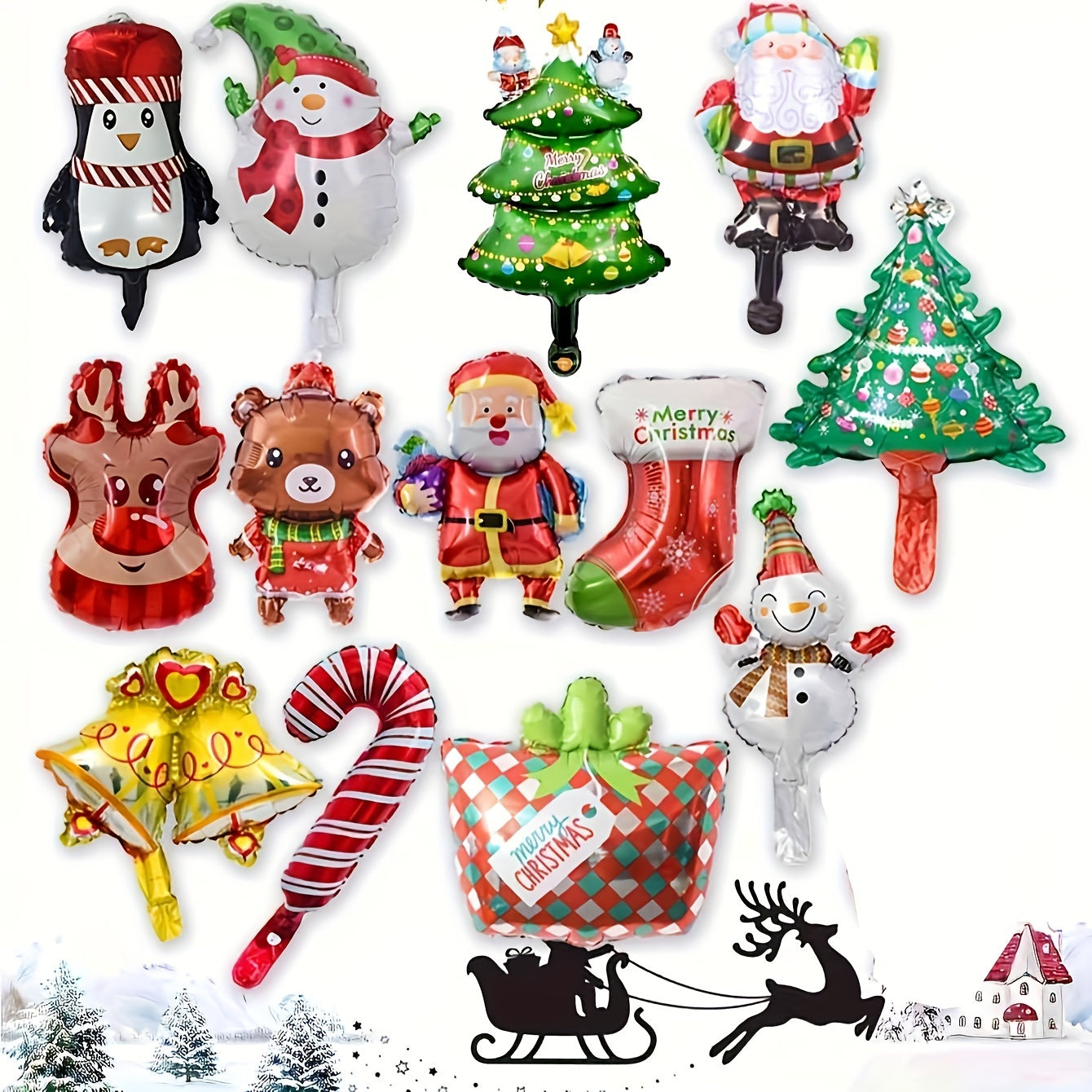 10pcs Mini Christmas Cartoon Cute Balloons, Assorted Colors, Aluminum Foil Balloon Decorations for Party & Gathering, Festive Holiday Decoration Props, No Power Needed, Christmas Party Supplies