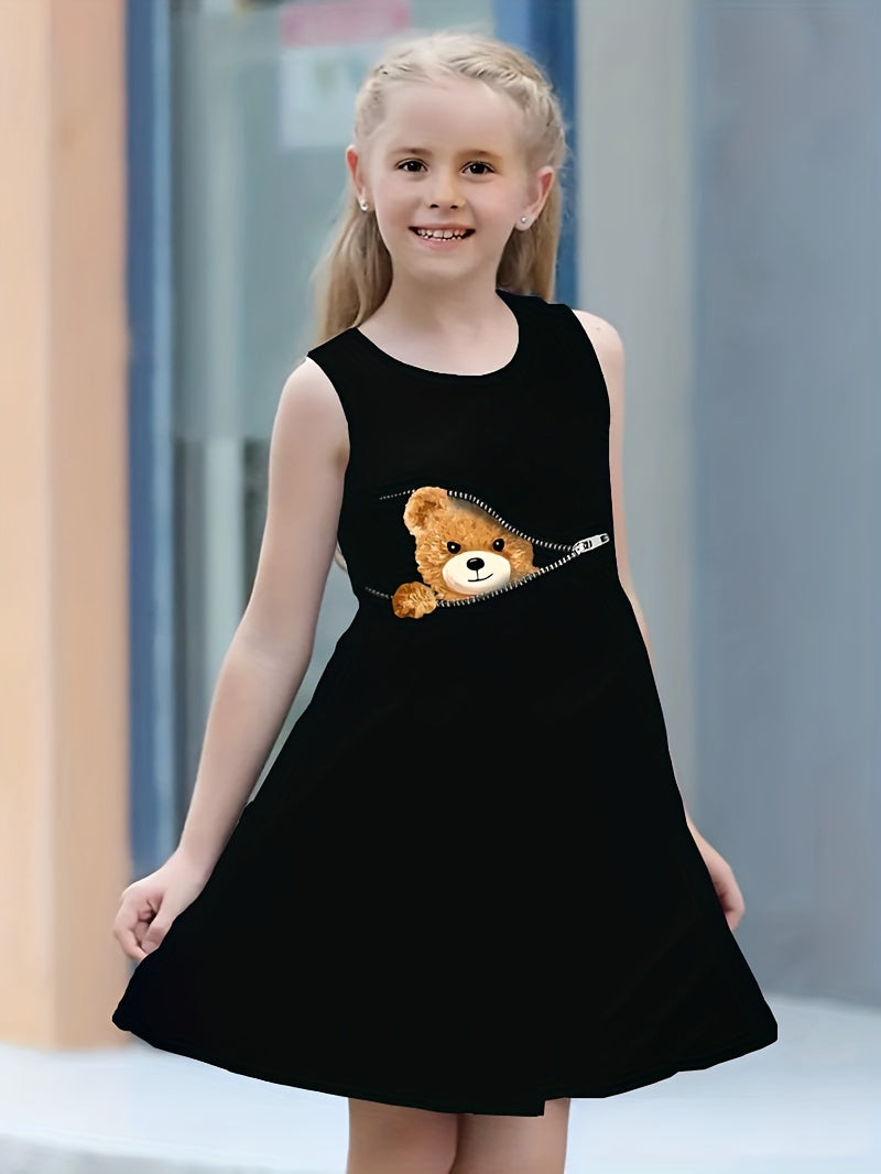 3D Zipper Bear Graphic Midi Dress for Girls - Sleeveless, Crew Neck, Fit and Flare, Slight Stretch, Machine Washable, Cartoon Pattern, Ideal for Casual Outings, Party, Holiday - Polyester, Knee High, Summer Dress