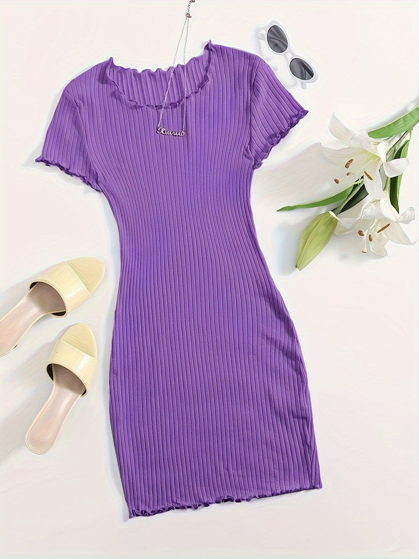 Chic Solid Color Lettuce Hem Dress - Flattering Slim Fit, Versatile Crew Neck, Short Sleeve for Spring & Summer - Womens Casual Fashion