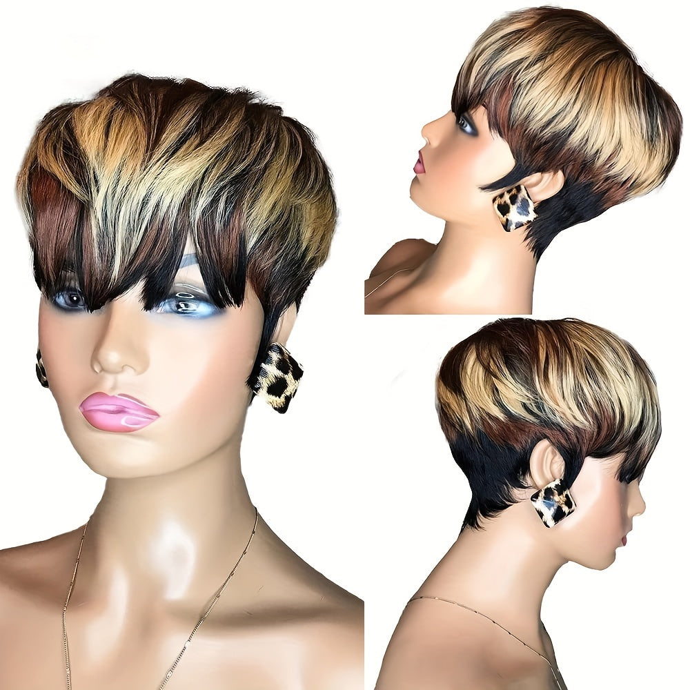 Pixie Cut Wig For Women Human Hair 1B/4/27 Short Wigs With Bangs Pixie HairCut Wig For Women Hair Replacement Wig None Lace Front Wig Layered Colored Full Machine Made Wig Glueless Short Wigs For Women 150%