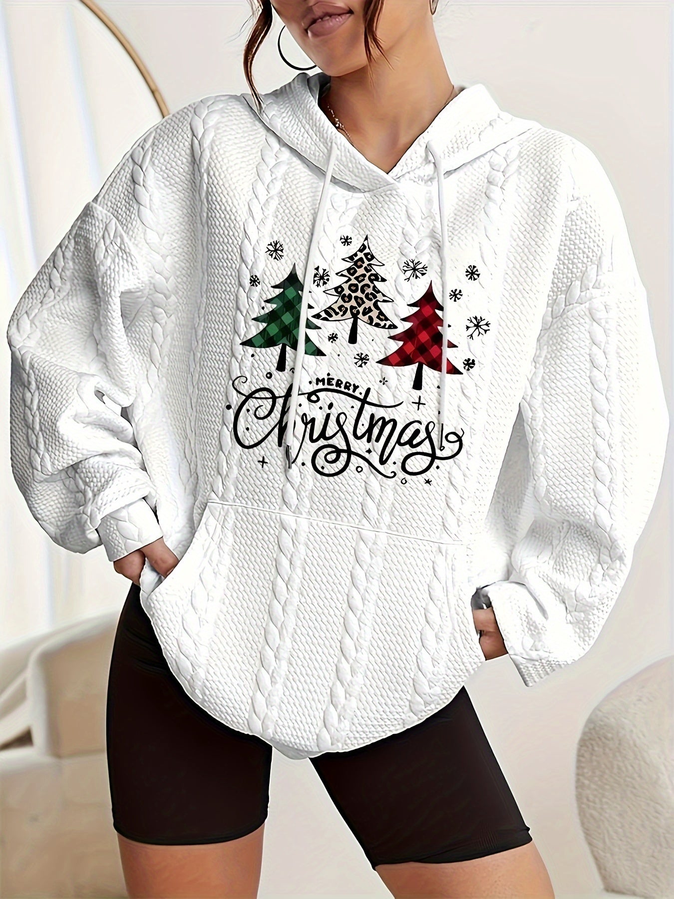 Women's Plus Size Casual Christmas Tree Print Hoodie, Long Sleeve Hooded Sweatshirt with Kangaroo Pocket and Drawstring