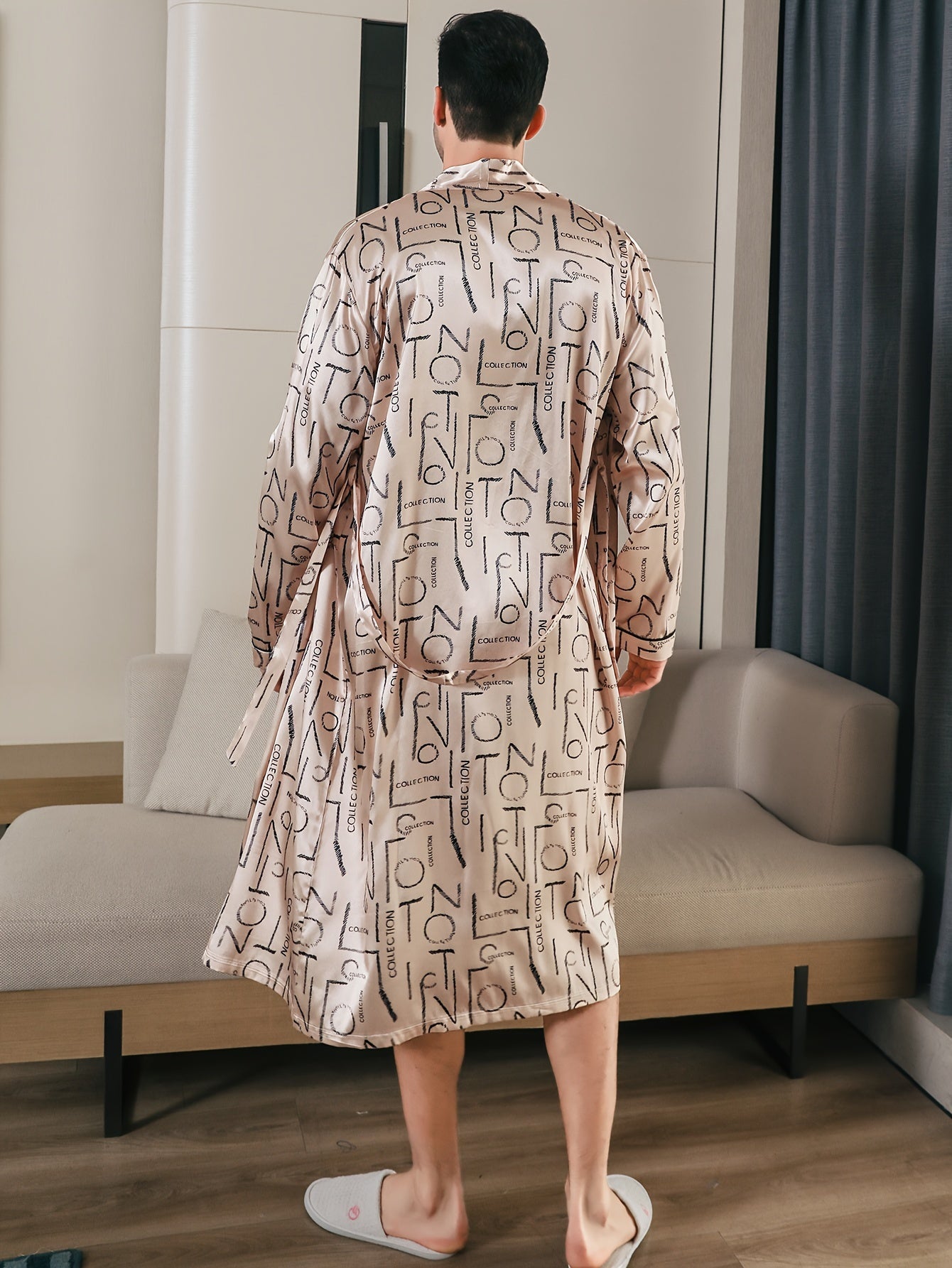 Mens Ultra-Soft Comfy Robe - Stylish Letter Pattern Design, Convenient Side Pocket, Adjustable Lace-Up Closure, Classic One-Piece Design - Ideal for Lounging Around the House in Comfort at Night