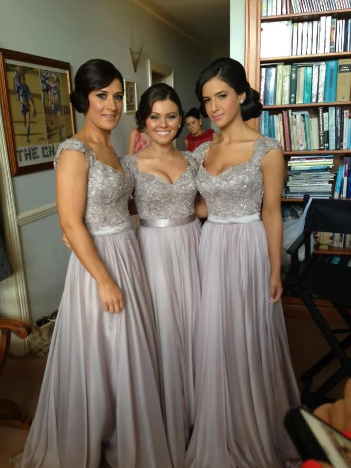 2016 In Stock Sexy Cheap Chiffon Wedding Bridesmaid Dresses Embroidery Beads A Line With Sweetheart Short Sleeve Sheer Back Floor Length