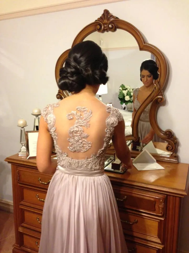 2016 In Stock Sexy Cheap Chiffon Wedding Bridesmaid Dresses Embroidery Beads A Line With Sweetheart Short Sleeve Sheer Back Floor Length