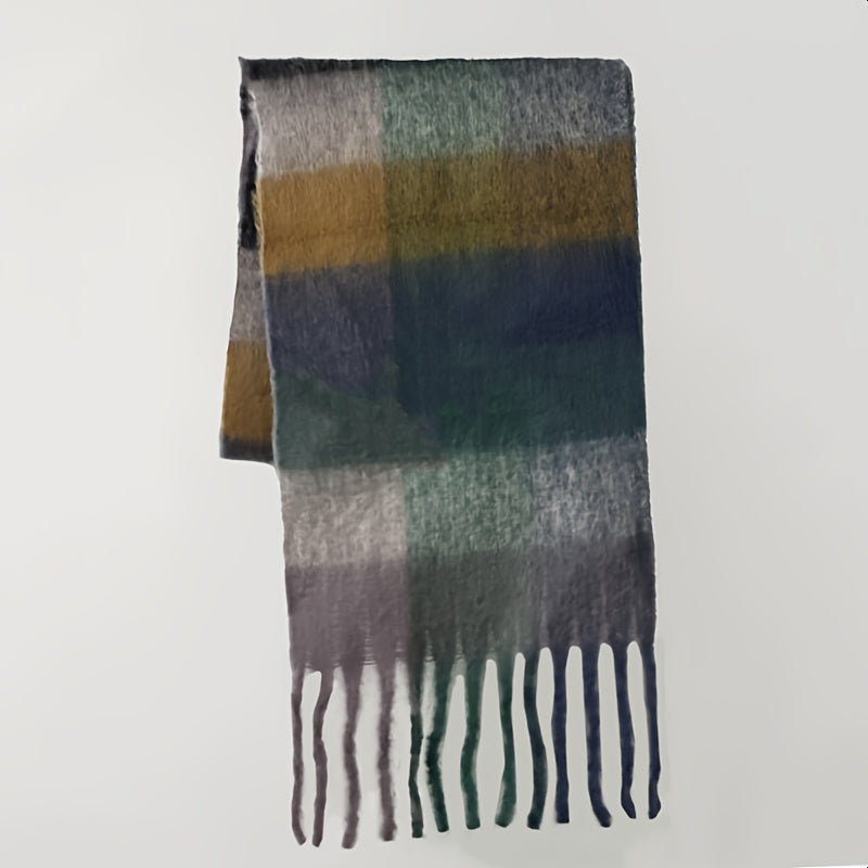 Autumn Winter Rainbow Color Boho Plaid Tassel Chunky Scarf - Soft Imitation Mohair, Eye-Catching Tassel Details, Thick and Plush Design, Long Stylish Neckerchief - Vibrant Shawl for Cold Weather