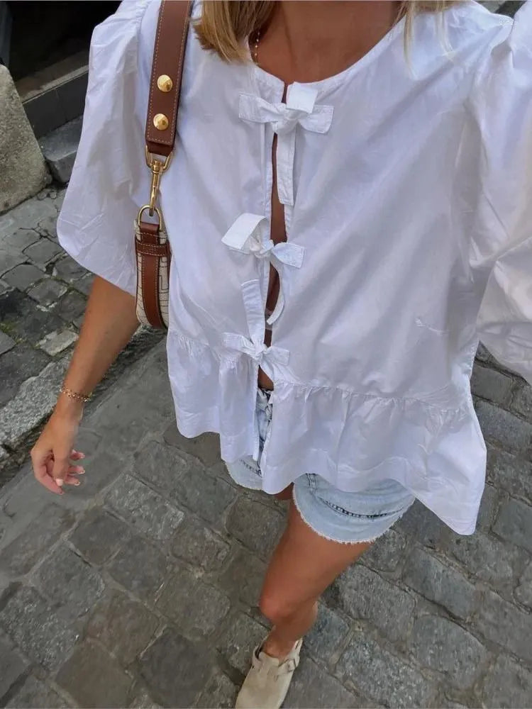 Women's Blouses Fashion Leopard Print Shirt For Women Chic O-neck Lace Up Cardigan Blouse Spring Puff Short Sleeve Lady Street Tops