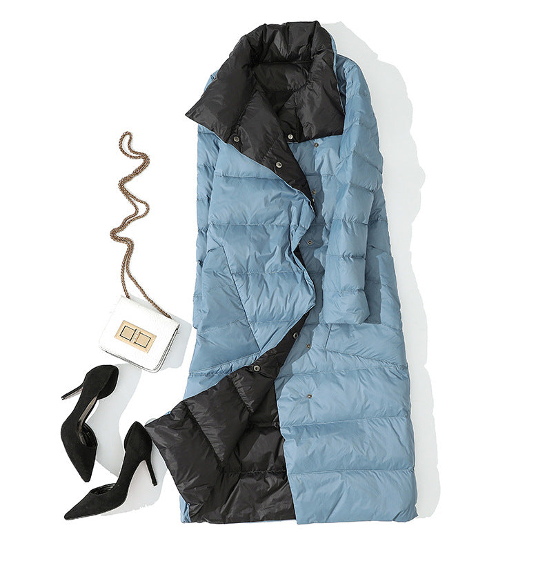 Cross-border wears down jackets on both sides in Europe and the United States, women's medium and long New new light and thin stand-up collar white duck down jacket.