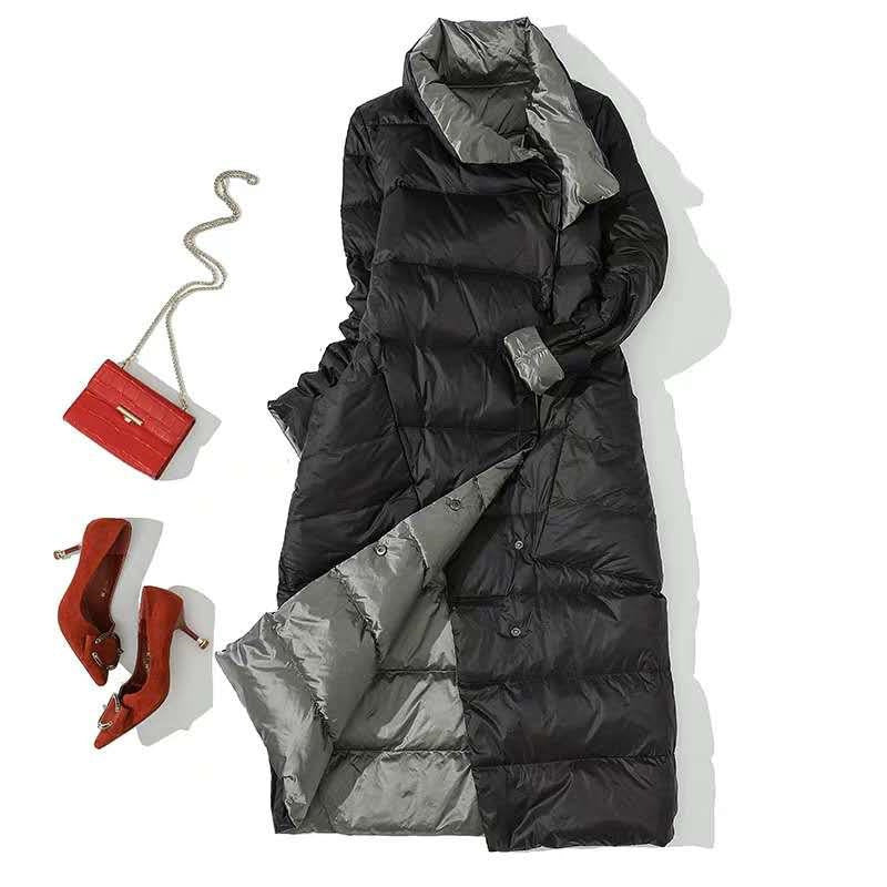 Cross-border wears down jackets on both sides in Europe and the United States, women's medium and long New new light and thin stand-up collar white duck down jacket.