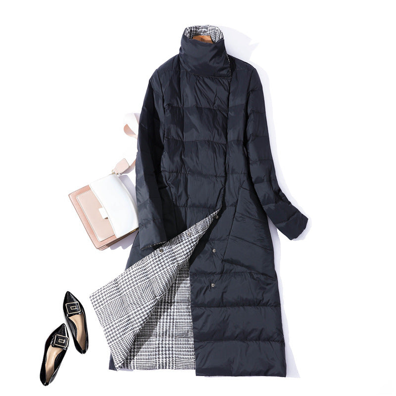 Cross-border wears down jackets on both sides in Europe and the United States, women's medium and long New new light and thin stand-up collar white duck down jacket.