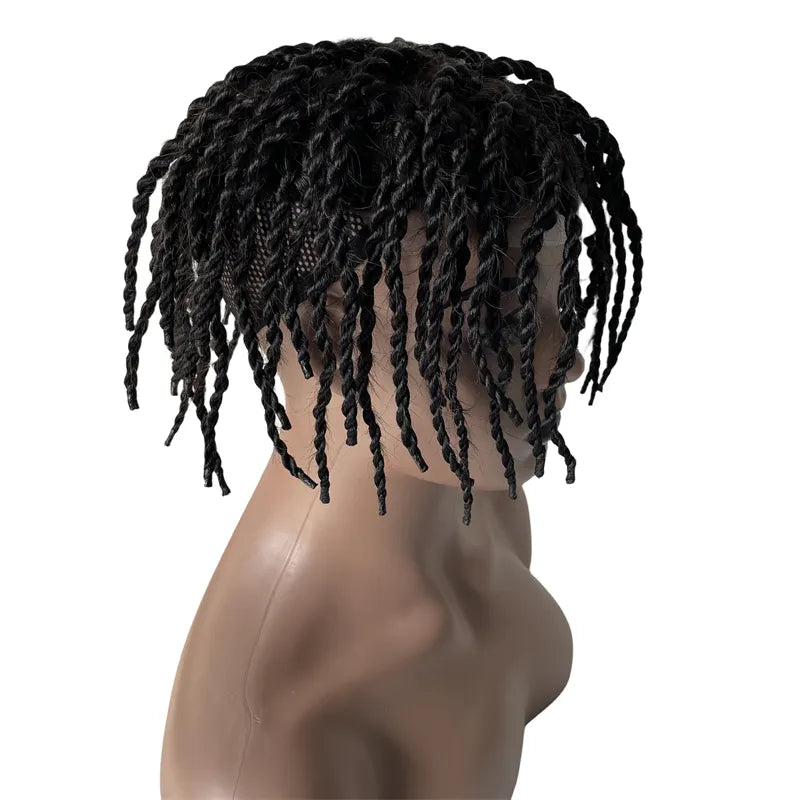 European Virgin Human Hair Pieces 200% Density 1b# Black Twist Braids Knots Skin PU Toupee for Black Men