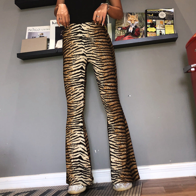 ZllKl European and American Popular Products Autumn New Elastic High Waist Leopard-Print Bell-Bottom Pants Women's Long Foreign Trade Women's Clothing Wholesale