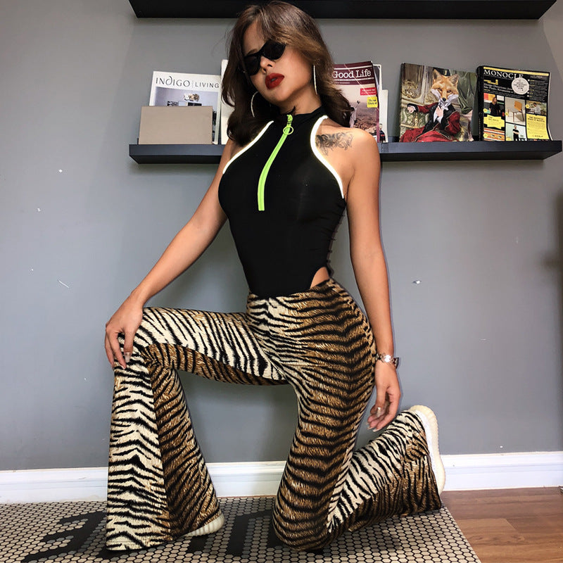 ZllKl European and American Popular Products Autumn New Elastic High Waist Leopard-Print Bell-Bottom Pants Women's Long Foreign Trade Women's Clothing Wholesale