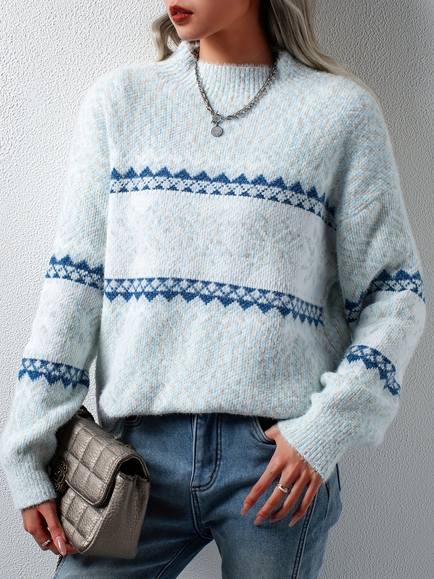 Cozy Snowflake Pattern Mock Neck Long Sleeve Pullover Sweater - Women's Winter Clothing - Soft, Cute, and Comfortable Sweater for Casual Daily Wear