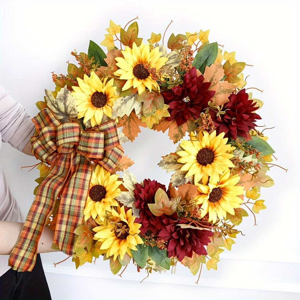 Vibrant Autumn Harvest Wreath - Classic Sunflower and Leaf Decor for Front Door, Battery-Free, No Feathers, Seasonal Home Decoration, Easy to Assemble, Perfect for Fall and Thanksgiving Celebration