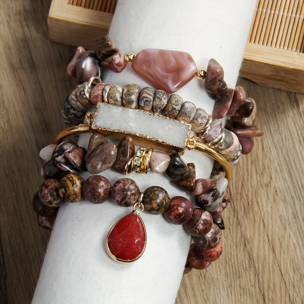 5pc Vintage Charm Boho Beaded Bracelet Set - Effortless Stackable, Elastic Stretch, Handmade Jewelry for Bohemian Style Enthusiasts