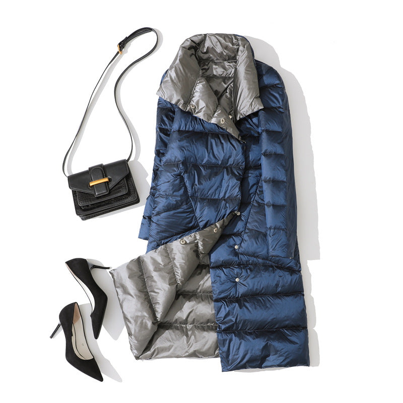 Cross-border wears down jackets on both sides in Europe and the United States, women's medium and long New new light and thin stand-up collar white duck down jacket.