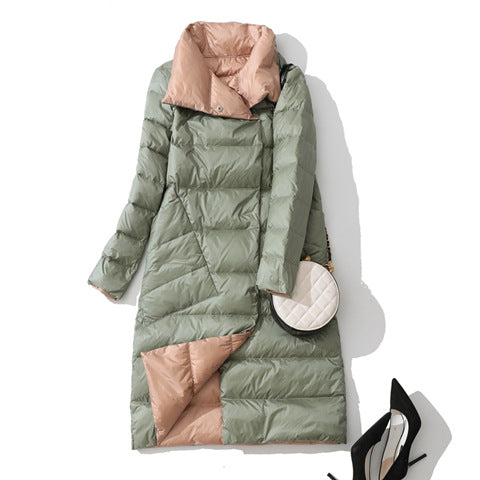 Cross-border wears down jackets on both sides in Europe and the United States, women's medium and long New new light and thin stand-up collar white duck down jacket.