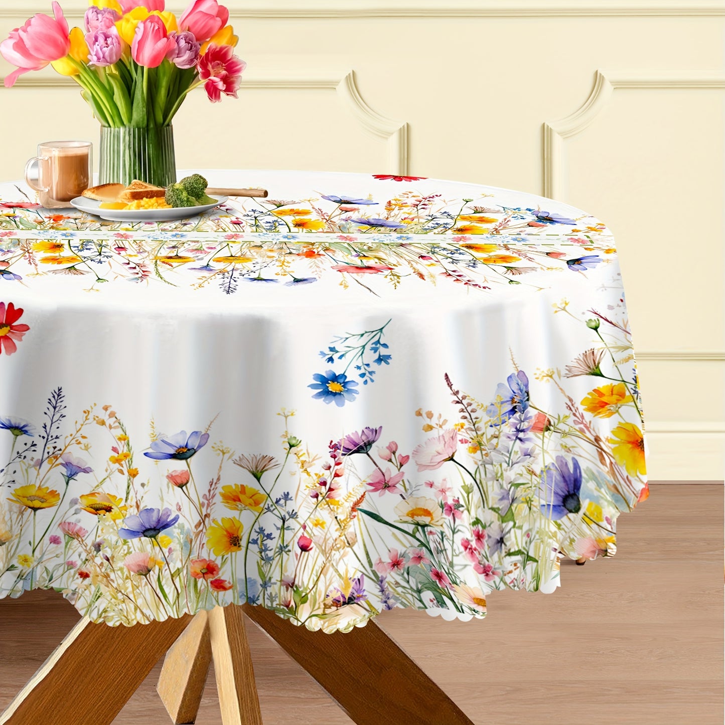 1pc Charming Watercolor Floral Tablecloth - Fresh Pastoral Wheat Motif - Seasonal Rectangle Table Cover for Spring Picnics & Holiday Celebrations, Elegant Home Decor