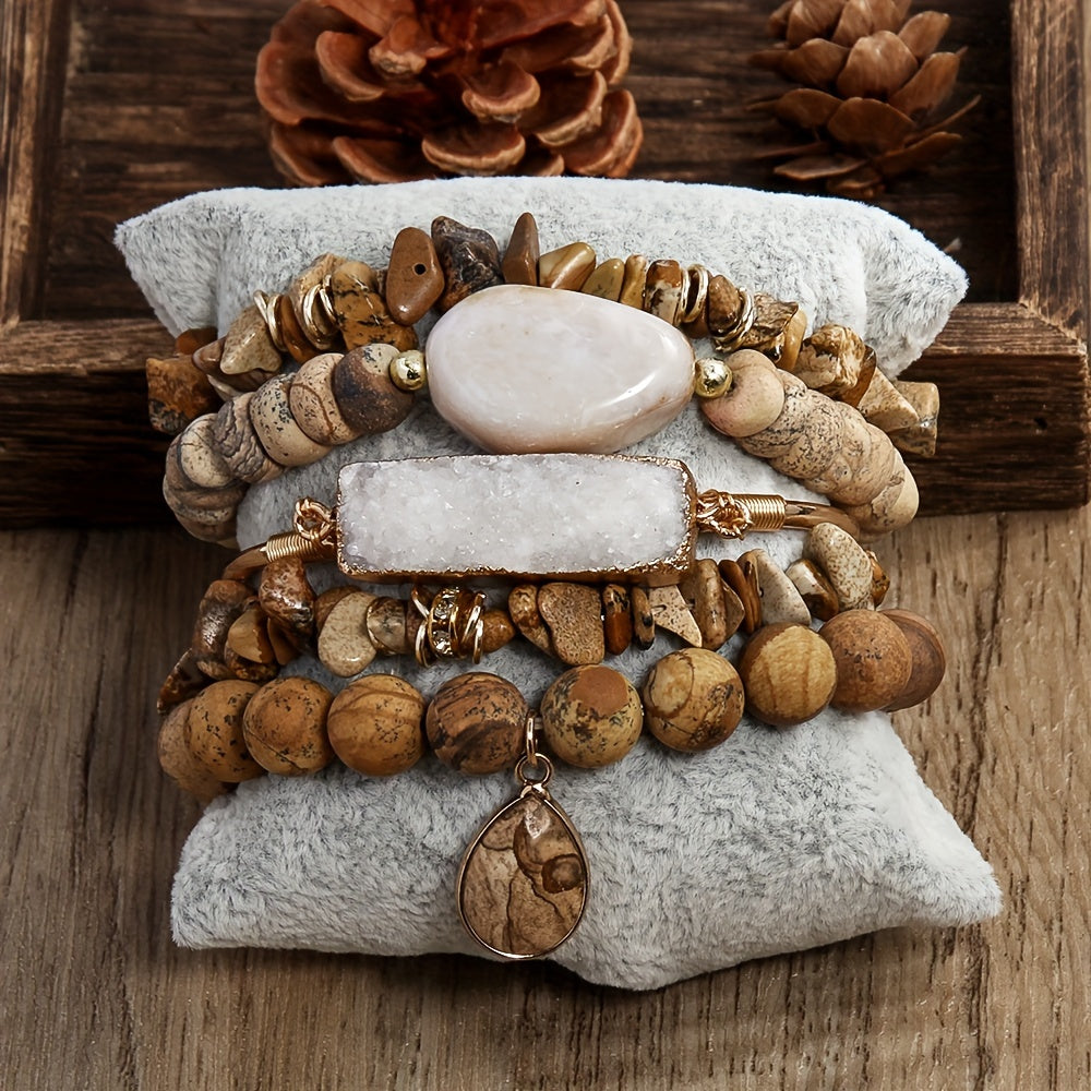 5pc Vintage Charm Boho Beaded Bracelet Set - Effortless Stackable, Elastic Stretch, Handmade Jewelry for Bohemian Style Enthusiasts