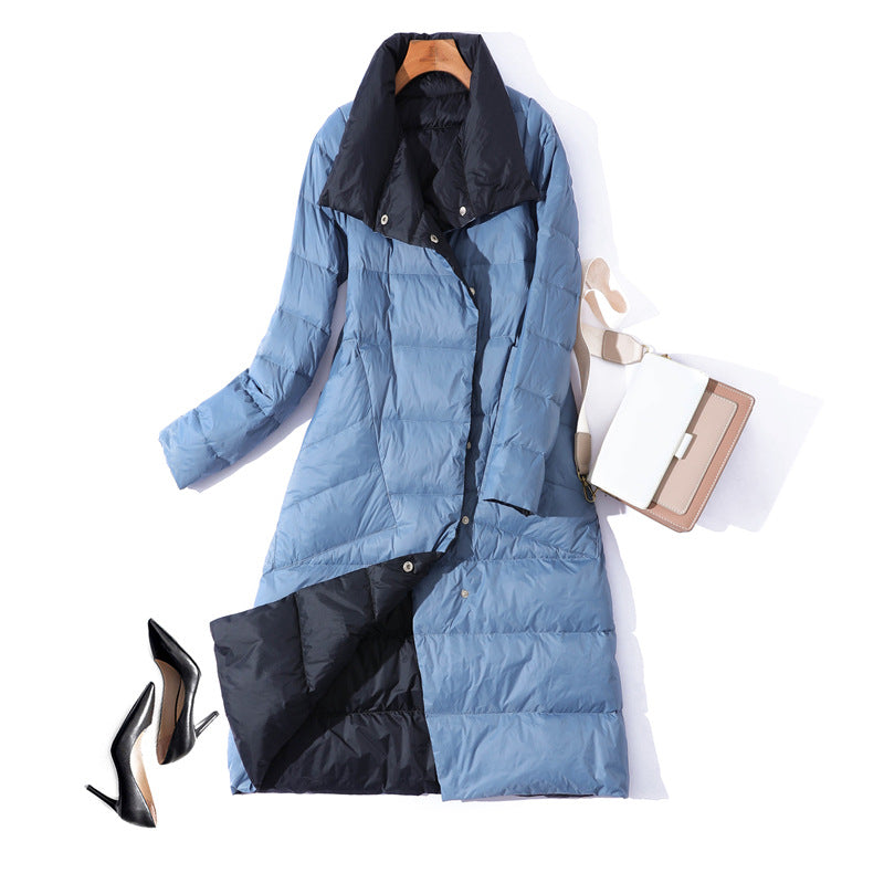 Cross-border wears down jackets on both sides in Europe and the United States, women's medium and long New new light and thin stand-up collar white duck down jacket.