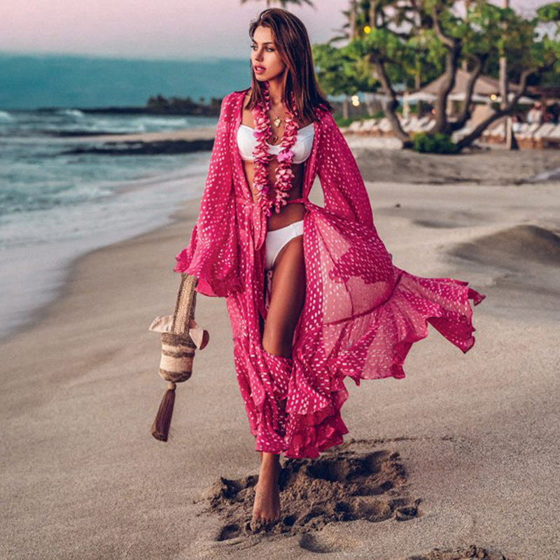 2025 new rose red medium and long chiffon cardigan beach jacket swimsuit with bikini sunscreen blouse for sunshade