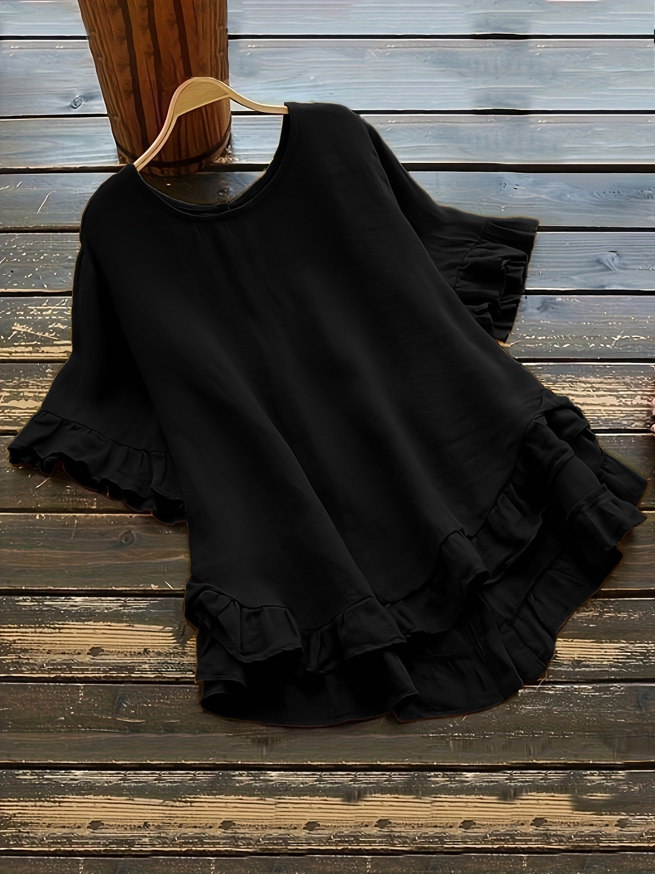 ZllKl Solid Button Back Ruffled Trim Blouse, Casual Short Sleeve Blouse For Spring & Summer, Women's Clothing
