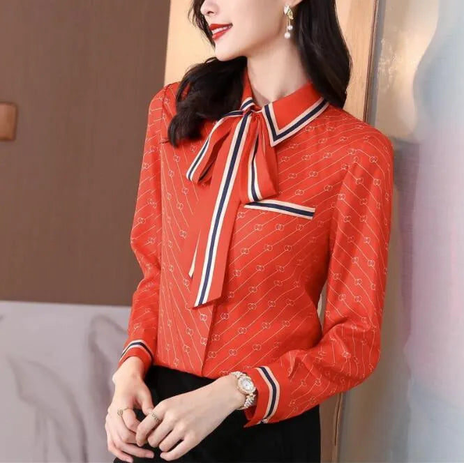 Designer Printed Black Shirts Women Runway Button Shirt Office Ladies Ribbon Bow Blouses Slim Fit Stylish Luxury Tops
