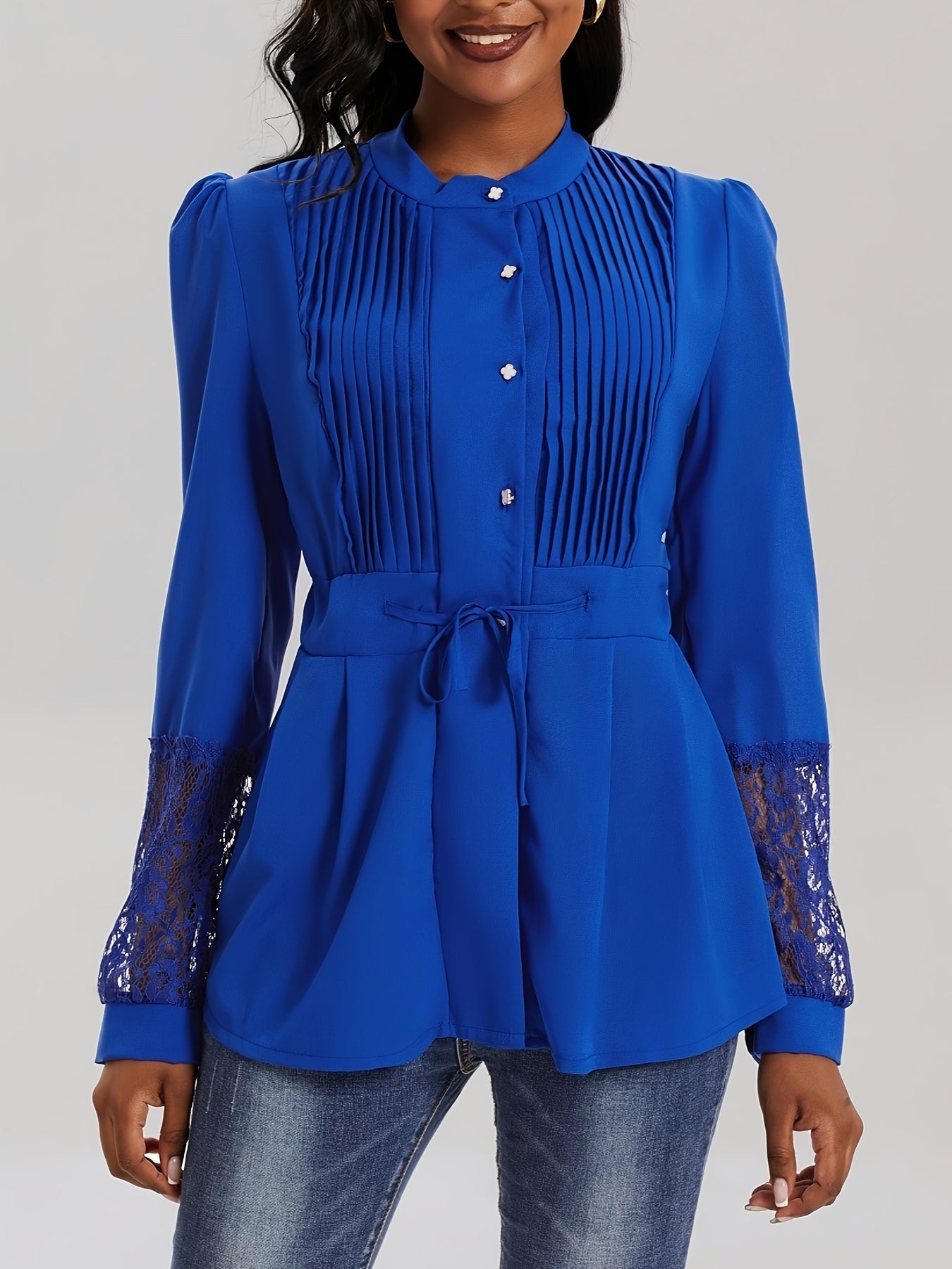 Elegant Lace Blouse - Long Sleeve, Mock Neck, Pleated Contrast Design, Women's Clothing for Chic Style