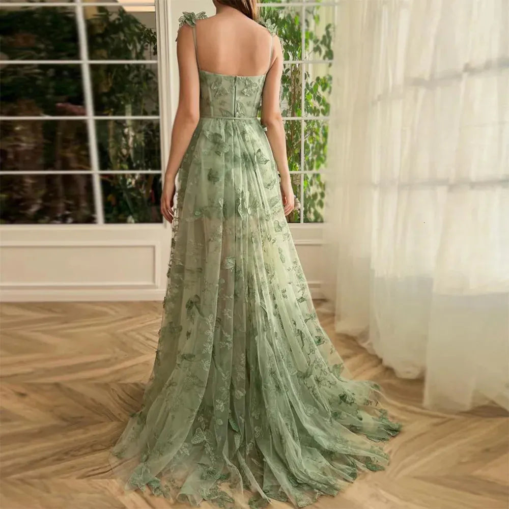 borboleta Applique Women Vintage Dress Mint Green Sleeveless Long Tulle Ball Gown Evening Party Prom Gown Year Banquet Gifts 240425