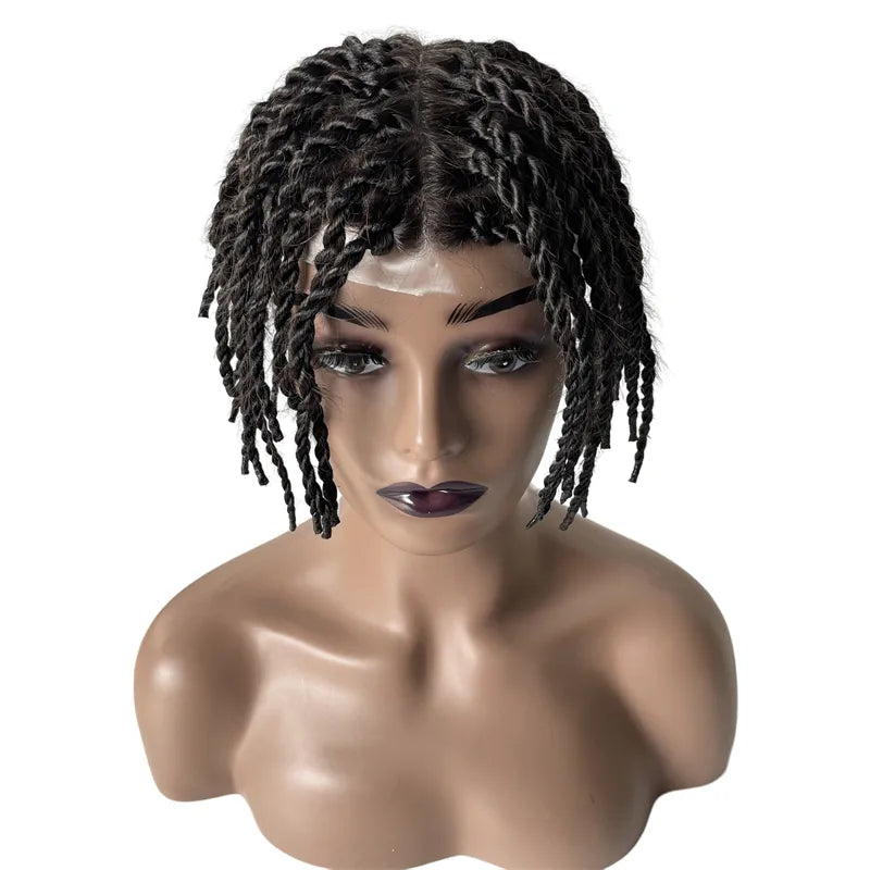 European Virgin Human Hair Pieces 200% Density 1b# Black Twist Braids Knots Skin PU Toupee for Black Men