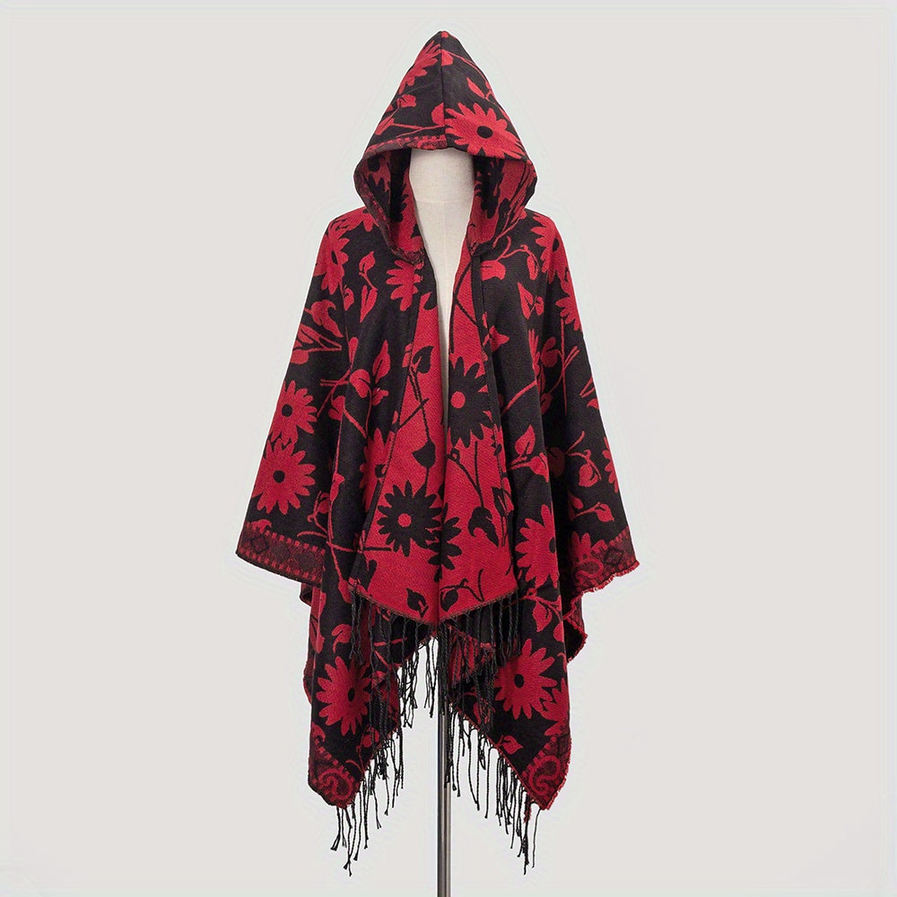 Cozy Oversized Hoodie Scarf Blanket - Stylish Boho Geometric Print with Tassels - Ultra-Soft Warm Cape for Outdoor Adventures, Windproof & Thick Cardigan Shawl